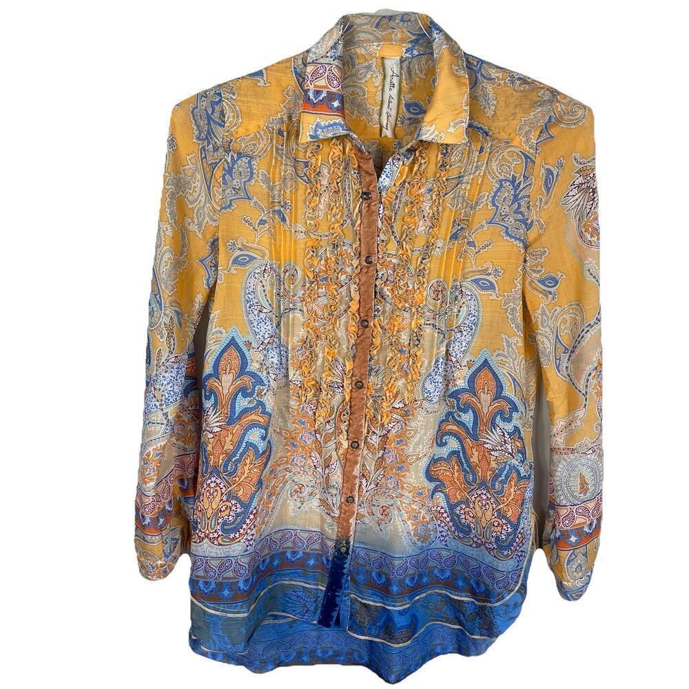 Aratta Silent Journey Julia Shirt Size XS Orange Blue Ombre Floral Paisley Boho